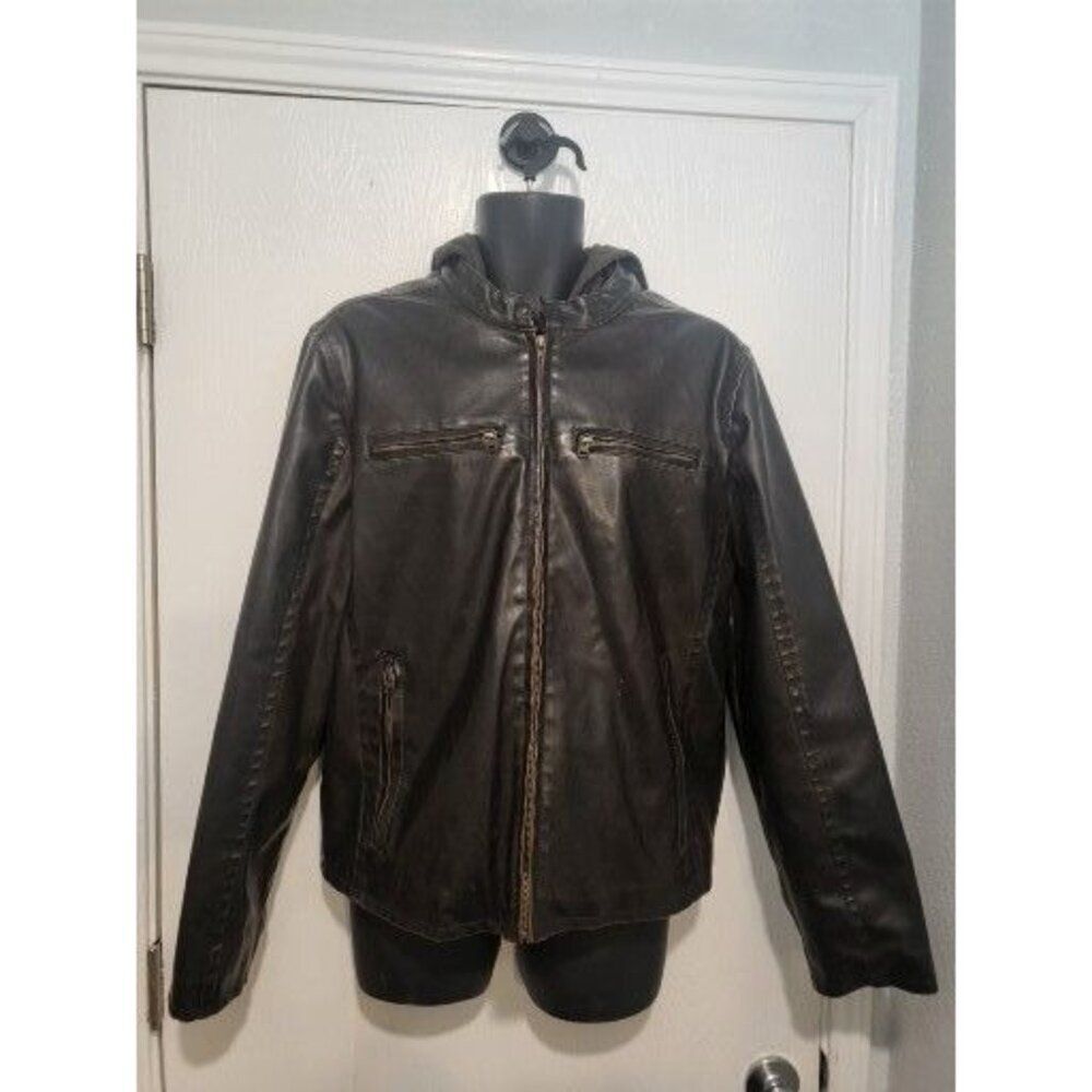 Vintage Levis Biker Jacket Men Sz M Y2K‎ Dark Brown Pleather Hood Sherpa Winter